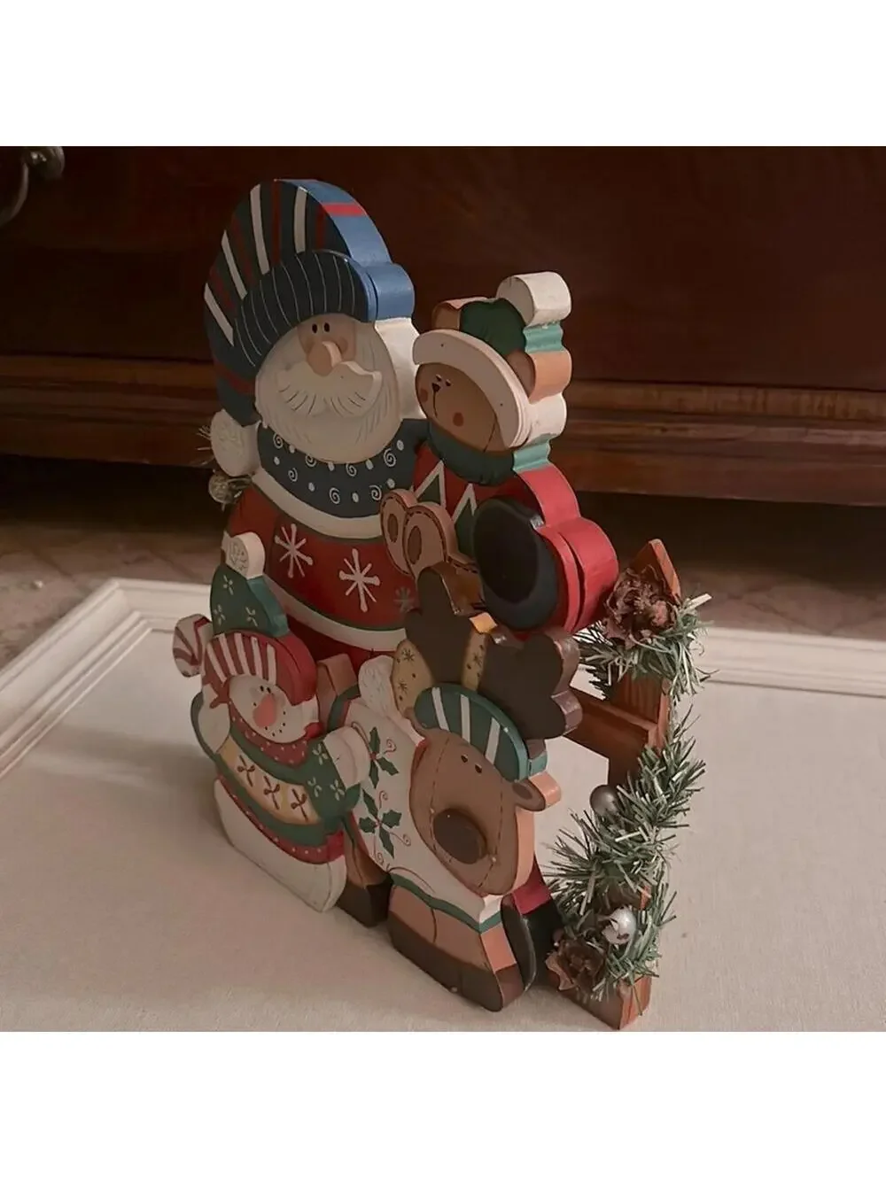 Vintage wooden 3D Santa and friends tabletop decoration